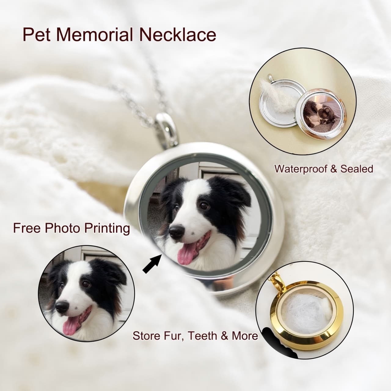 Personalized Pet Memorial Necklace – Custom Photo Keepsake Pendant for Dog & Cat (Holds Fur or Ashes, etc.)